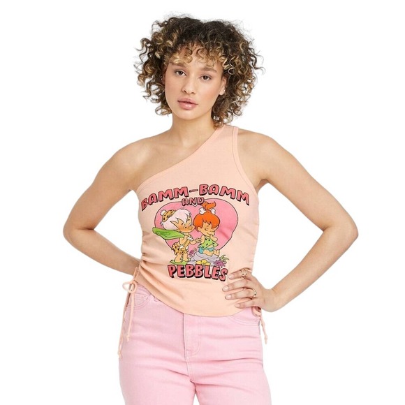 The Flintstones, Pink, Size MED, One-Shoulder BAMM BAMM & PEBBLES Tank Top Shirt - Picture 3 of 7